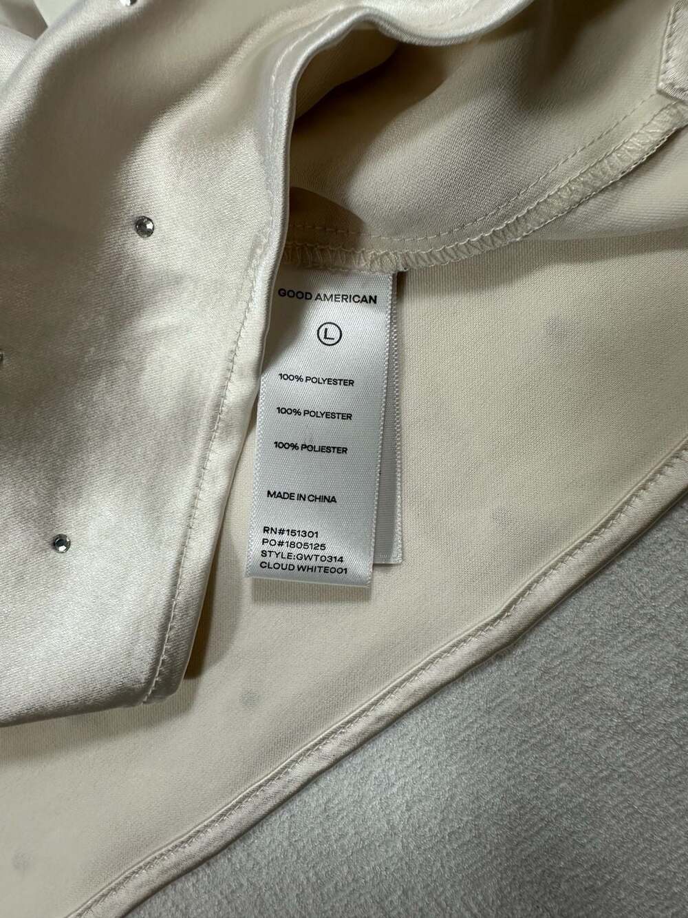 Good American Crystal Embellished Cropped Satin Shirt Cloud White Large - Picture 12 of 12